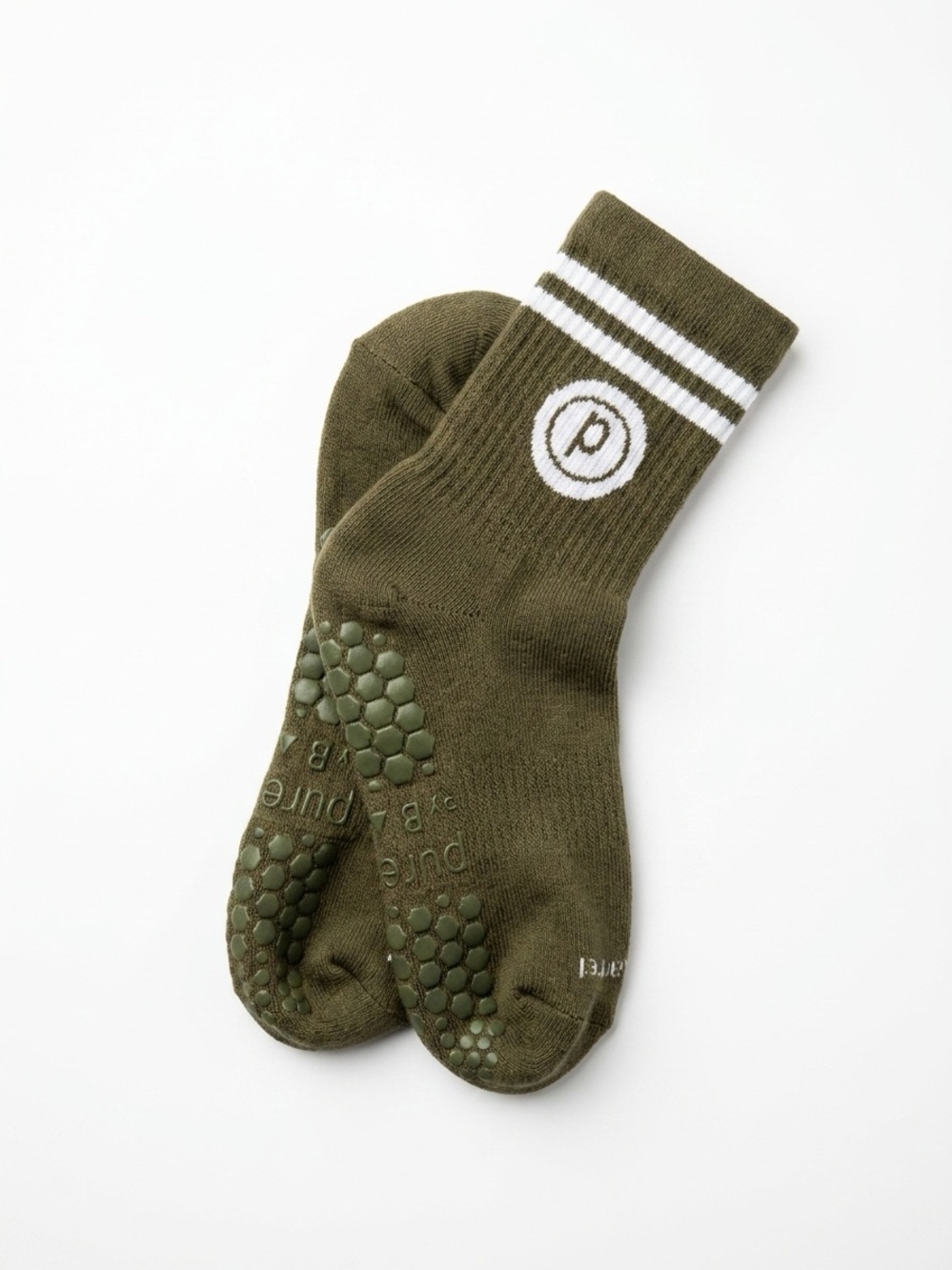 Pure Barre Olive Green Grip Socks with White Stripes